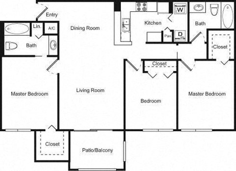 Floor plan for 3 beds, 2 baths, 1334 sqft